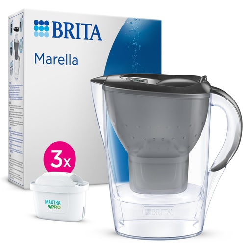 BRITA Marella Cool Filter Jug - Grey (2.4L) + 3 Maxtra PRO ALL-IN-1 Filters - (SIOC) Sustainable Packaging