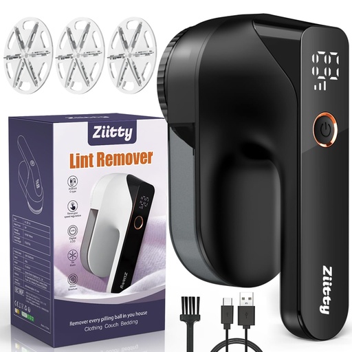 Ziitty Electric Pill Shaver LCD Display, Rechargeable Type-C Cable, 3 Adjustable Power Levels, 6 Blades Head for Lush, Ideal for Clothing, Sofa, Covers, Curtains Black