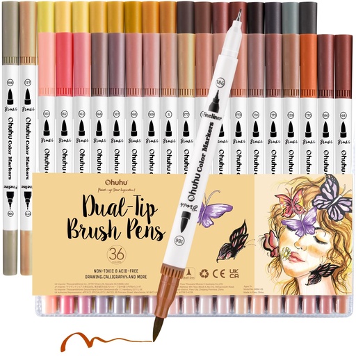 Ohuhu 36 Colors Fine Tip Dual Tip Water Based Marker Pens for Coloring, Portrait, Drawing, Lettering, Calligraphy, Diary