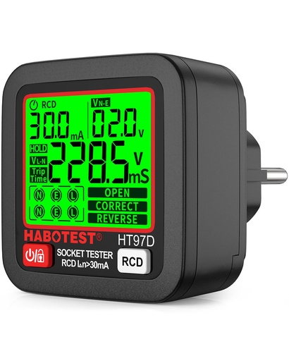 Socket Tester with RCD Test, Electric Circuit Tester, Automatic Polarity Voltage Detector, 30-260V, 6 Types of Failure Diagnostics, Voltage and Frequency Display (EU Plug)