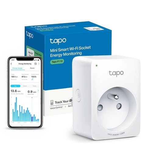 Tapo WiFi Connected Socket, Consumption Tracking, 16A Type E, Compatible with Alexa and Google Home, Control Radiator, Heating, Energy Saving, Voice Control, Tapo P110(FR)