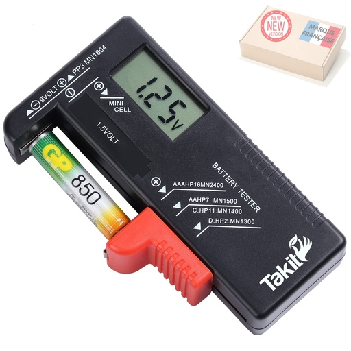 Takit Digital Battery Tester for AA, AAA, C, D, PP3, 9 V, 1.5 V, Button Batteries – Works Without Batteries – French Brand