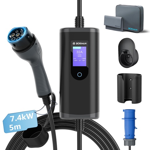 bokman Electric Car Charging Station 7kW, 32A Type 2- CEE P17 Socket Portable EV Charger Charging Station Mobile/Wallbox Adjustable 6-32A | 7.4kW | 5 Meter