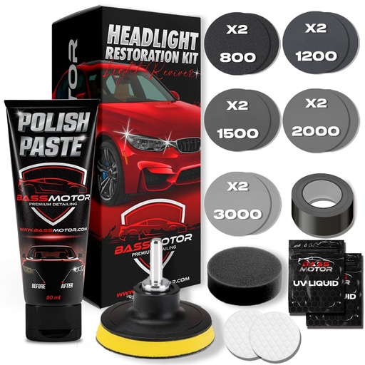 BassMotor Complete Kit for Polishing Dull and Worn Headlights for Car Restoration - Cleaning and Sanding Kit for Technical Inspection and Improving Visibility and Safety