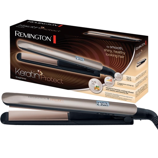 Remington Hair Straightener [Keratin & Almond Oil Care] Protect (Hair Care, Ceramic, LCD Screen, 10 Temperature Settings 150-230°C, Universal Voltage, Pouch) S8540 Straightening Iron