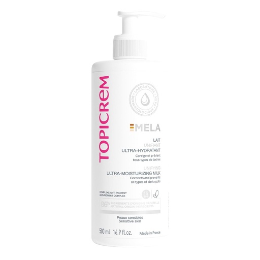 Topicrem - Mela Ultra Hydrating Body Lotion - Moisturizes 24 hours evenly, corrects and prevents stains - Liquid texture, floral fragrance - Sensitive skin - 500ml (packaging may vary)