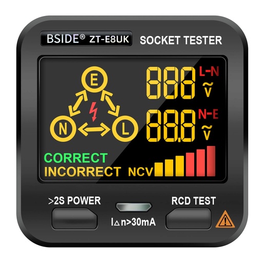 BSIDE EBTN 3 Results LCD Socket Tester with Results Display, Built-in Voltage Detector, RCD Plug Tester, Circuit Analyzer, UK Wall Plug Leak Tester,